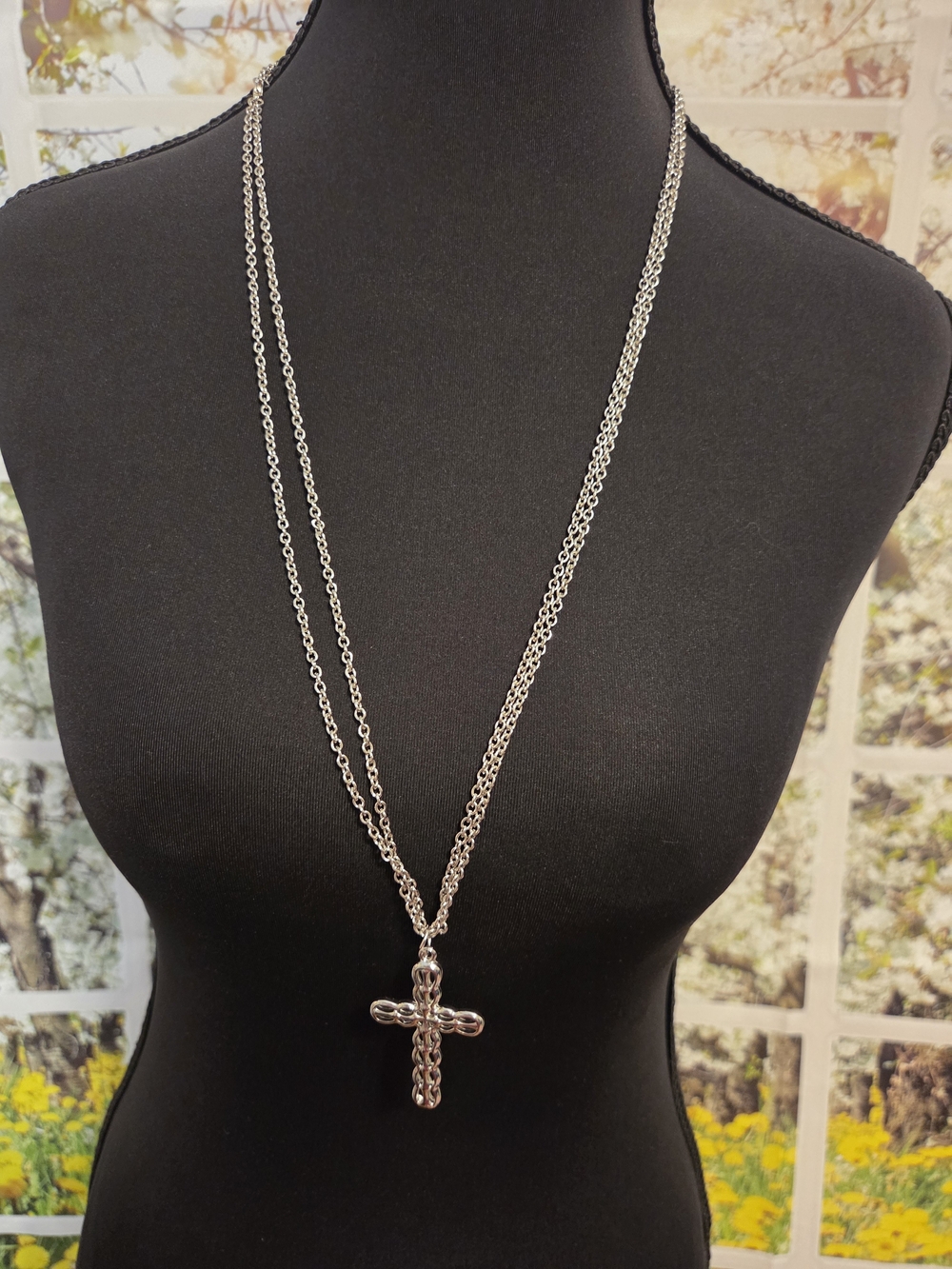 Silver Cross Pendant Double-Chain Necklace - Women Jewelry